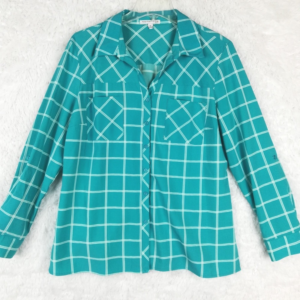 Notations Shirt Womens Top Button Down Blue Check Roll Tab Long Sleeve Petite L